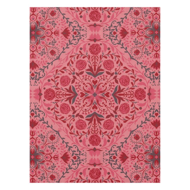 Toalha De Mesa Azulejos florais em vermelho e melancia rosa (Frente)