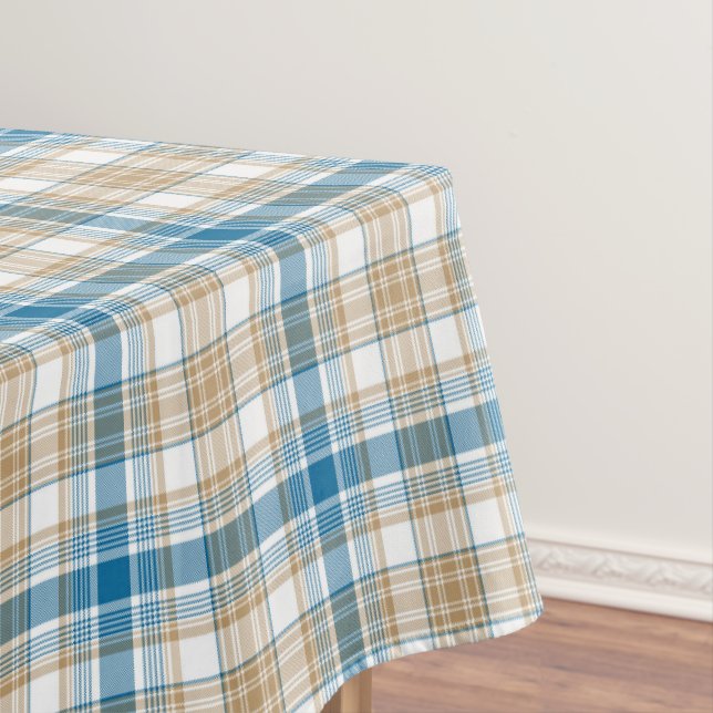 Toalha De Mesa Beige Clássico e Xadrez Azul (Posição Original)