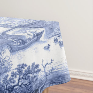 Toalha De Mesa Blue Toile Vintage Barco de Ponte Pastoral Frances