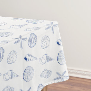 Toalha De Mesa Blue White Mand Drawn Sea Shels Beach Summer