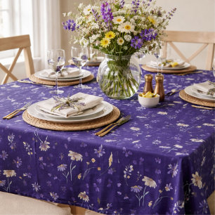 Toalha De Mesa Boho Aguarela Flores Silvestres Azul Marinho