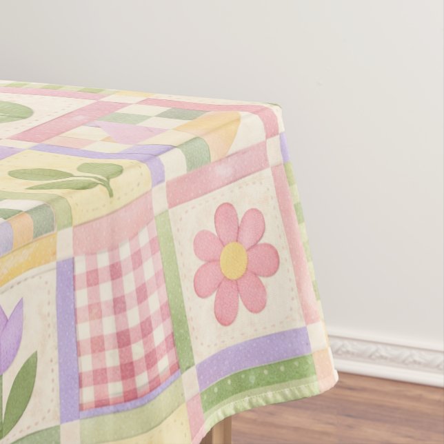 Toalha De Mesa Boho Chic Rosa e Verde Colcha Floral Remendada (Posição Original)