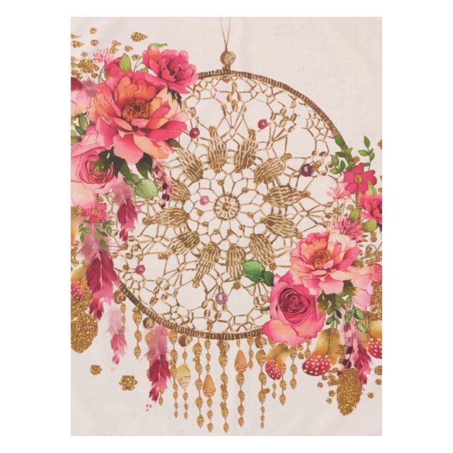 Toalha De Mesa Boho Dreamcatcher Dourada Cor Floral Rosa (Frente)