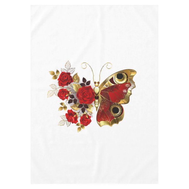 Toalha De Mesa Borboleta de flor vermelha com rosas vermelhas (Frente)