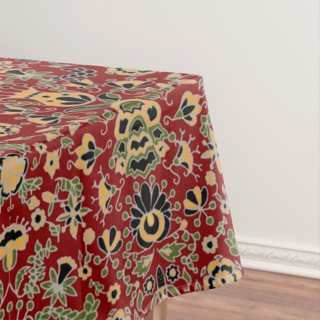 Toalha De Mesa Bordado Folk Amarelo, Verde, Preto em Vermelho Pro (Posição Original)