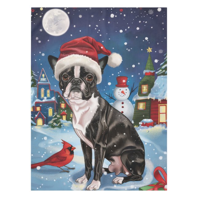 Toalha De Mesa Boston Terrier Dog Winter Wonderland Natal Joy (Frente)