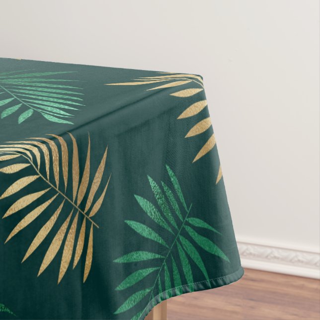 Toalha De Mesa Brilho verde e Dourado nas folhas tropicais (Posição Original)