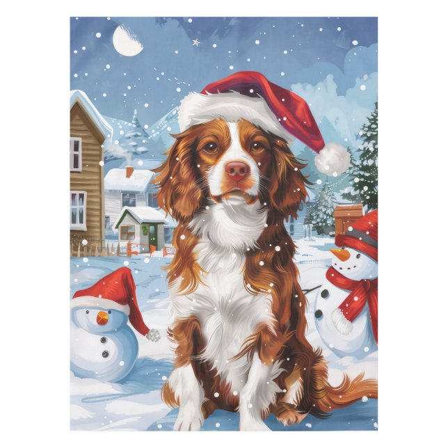 Toalha De Mesa Brittany Spaniel Dog Winter Wonderland Natal (Frente)
