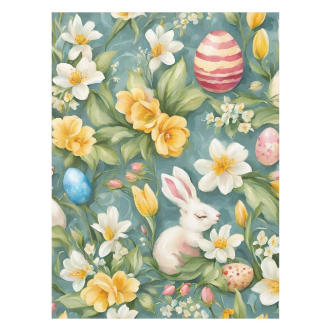 Toalha De Mesa Bunnies, Flores de primavera e Ovos de Páscoa. Pin (Frente)