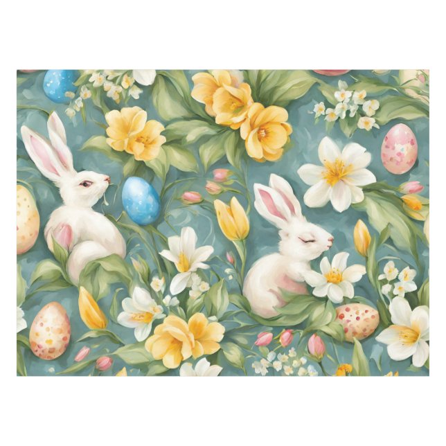 Toalha De Mesa Bunnies, Flores de primavera e Ovos de Páscoa. Pin (Frente (Horizontal))