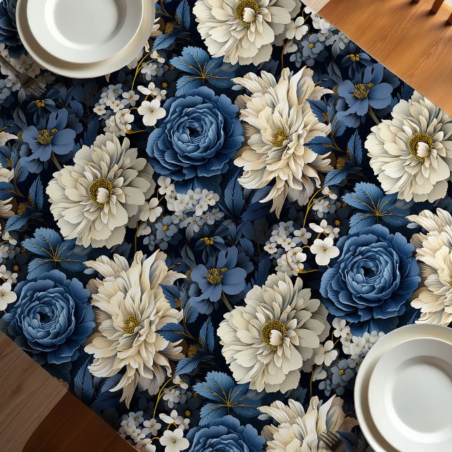 Toalha de Mesa Chic Flores Rosas Marfim Azul Desig (Designer Blue Ivory Floral Chic Tablecloth)