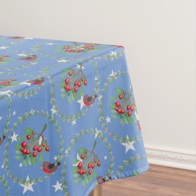 Toalha De Mesa Cinza Star Blue Robin Wreath Natal (Posição Original)