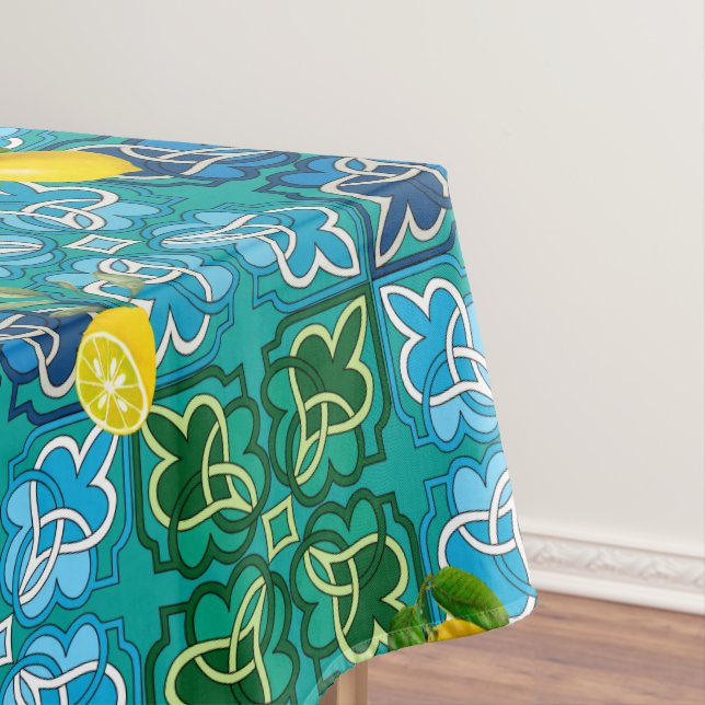 Toalha De Mesa Citros,limões,verdes,azulejos azuis,arte de verão  (Posição Original)