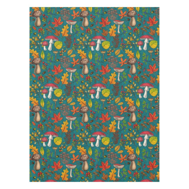 Toalha De Mesa Cogumelos, folhas, loucos e bagas de outono, em az (Frente)