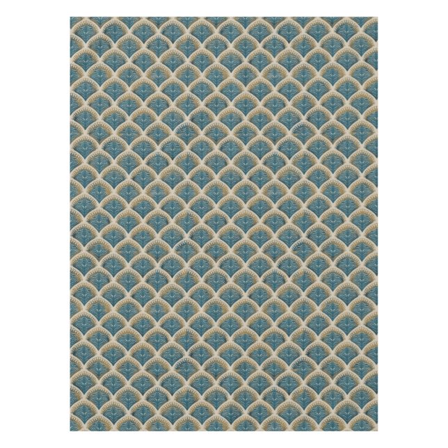Toalha de Mesa com Padrão de Leque Art Déco Azul e (Frente)