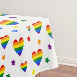 Toalha De Mesa Corações LGBT Arco-Íris e Flores Coloridas