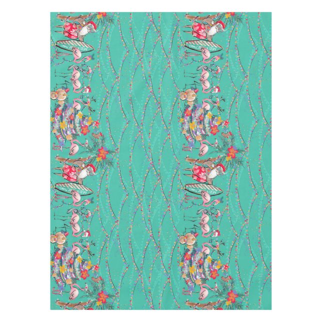 Toalha De Mesa Cristãos Tropicais com Papais noeis e Flamingos (Frente)