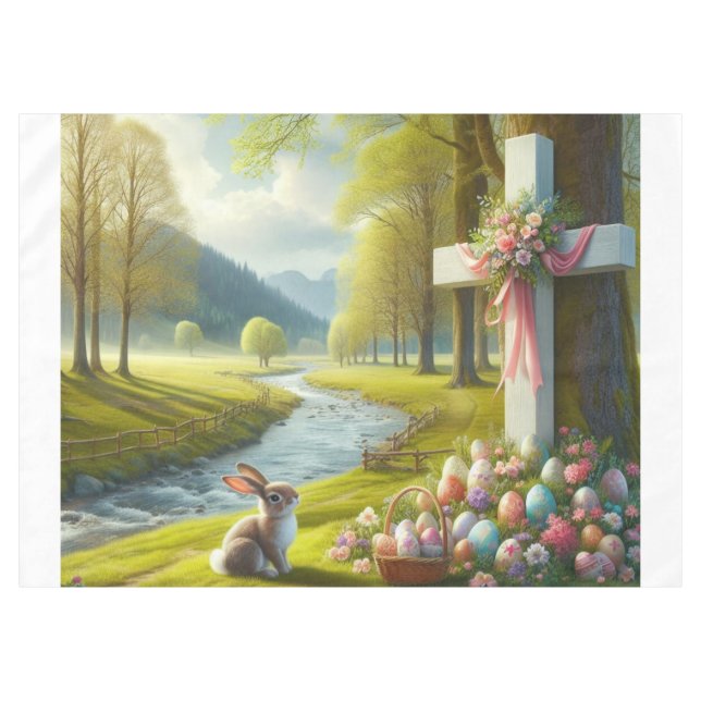 Toalha De Mesa cruz de páscoa com coelho e ovos (Frente (Horizontal))