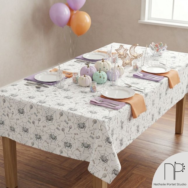 Toalha de Mesa de Halloween de Aranha Bebê Spooky  (Hand drawn cute spider Halloween tablecloth for baby showers and spooky autumn parties)