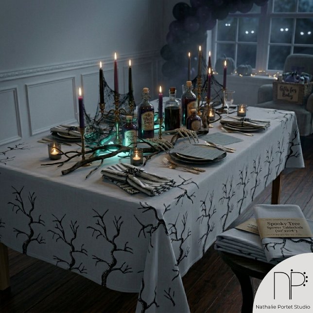 Toalha de mesa de Halloween Haunted Eerie Oaks (Hand drawn eerie oak tree Halloween tablecloth for a sophisticated spooky party decor)