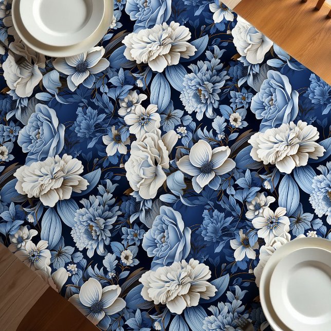 Toalha de Mesa de Luxo Floral Azul Branco Marfim E (Elegant Blue White Ivory Floral Luxury Tablecloth)