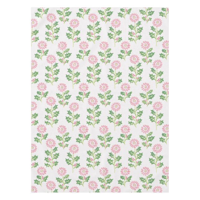 Toalha de mesa de Natal Pink Daisy e Holly Branco (Frente)