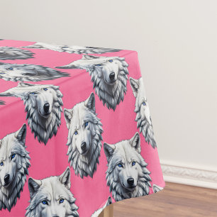 Toalha De Mesa Desenho de padrão de cabeça de lobo branco rosa
