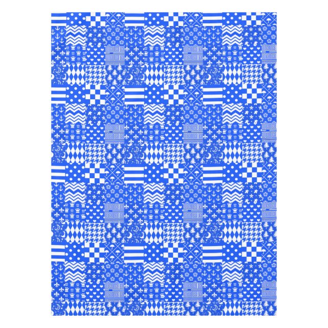 Toalha De Mesa Design de Correção de Padrões Mistos Branco Azul (Frente)