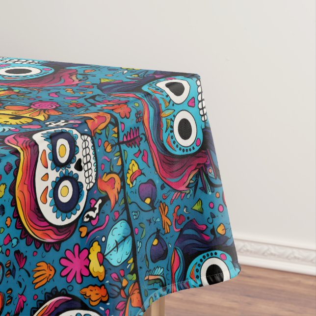 Toalha De Mesa Dia de Muertos, padrão de crânios de açúcar azul (Posição Original)