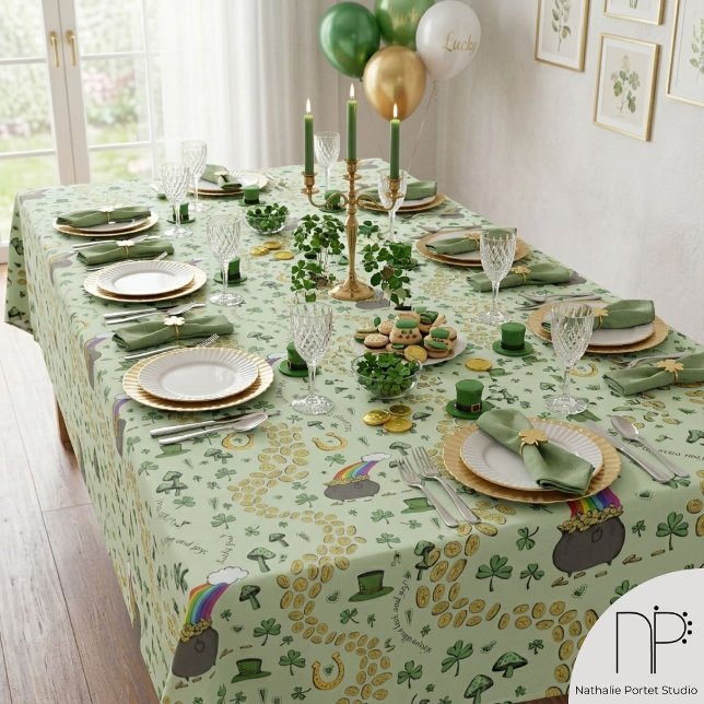 Toalha de mesa do Dia de São Patrício Sorte & Aleg (Hand drawn St Patricks Day tablecloth with luck and joy messages and whimsical Irish party art)