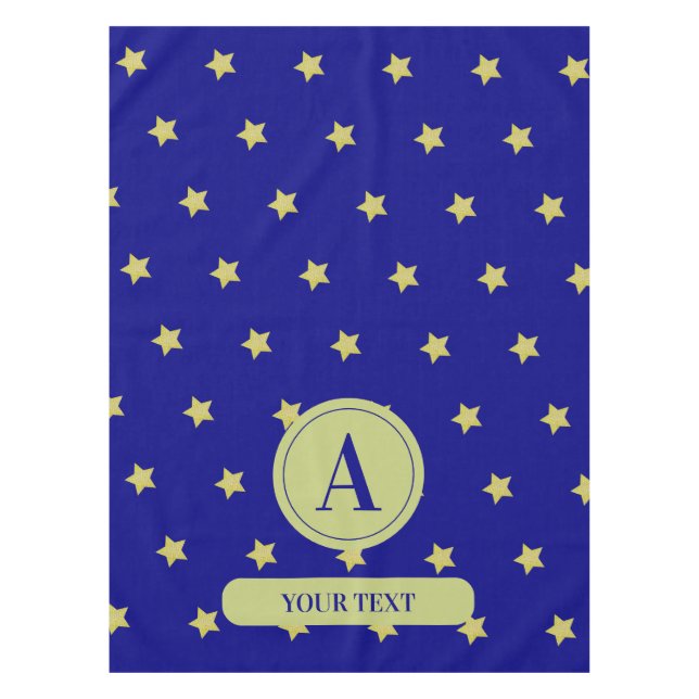Toalha De Mesa Elegante Monograma com Estrelas em Ouro e Azul (Frente)
