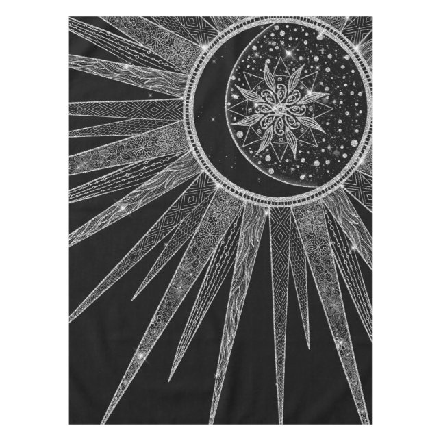 Toalha De Mesa Elegante Silver Sun Moon Mandala Black Design (Frente)