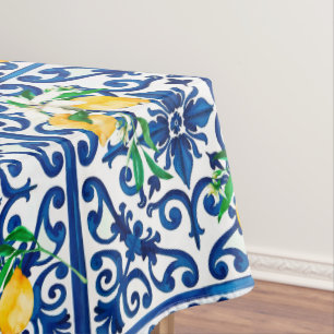 Toalha De Mesa estilo italiano,mosaico,azul,limão