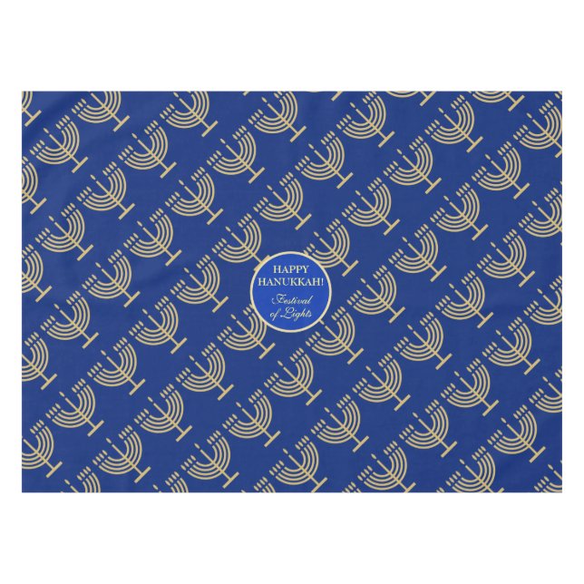 Toalha De Mesa Festa de Hanukkah Menorah Dourada padrão azul (Frente (Horizontal))