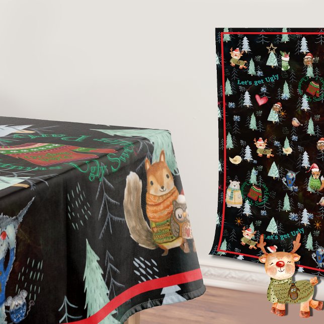 Toalha De Mesa Festa de Natal Feia e Doce Animais bonitos (Ugly Sweater Christmas Party Animals Tablecloth)
