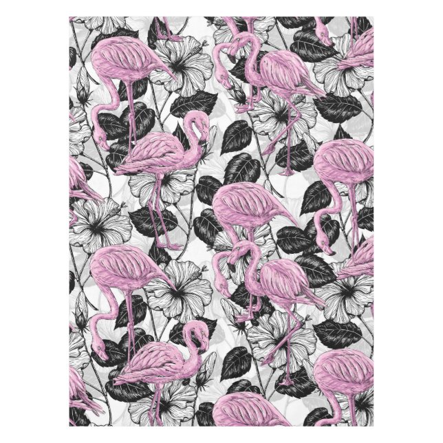 Toalha De Mesa Flamingos e flores de hibisco (Frente)