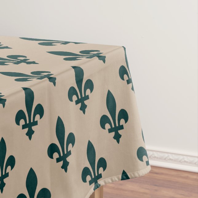 Toalha De Mesa Fleur de Lis Pattern, Real Verde Francês em Creme (Posição Original)