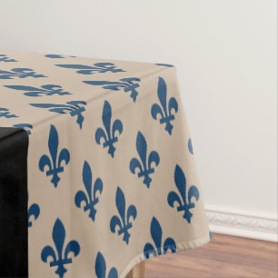 Toalha De Mesa Flor de Lis, Azul Marinho em Bege, Real, Seu Nome