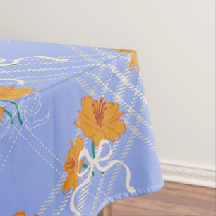 Toalha De Mesa Flor Laranja Cachorro Sem Costura em Azul Xadrez