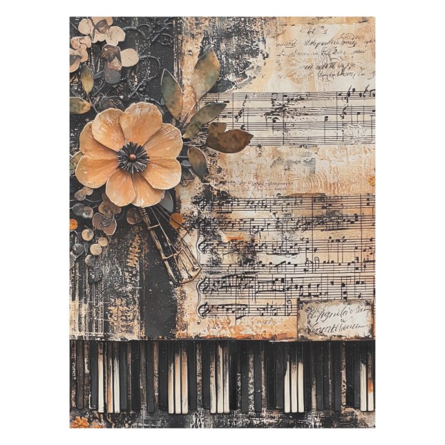 Toalha De Mesa Floral com Chaves de Piano Russas e Música Vencida (Frente)