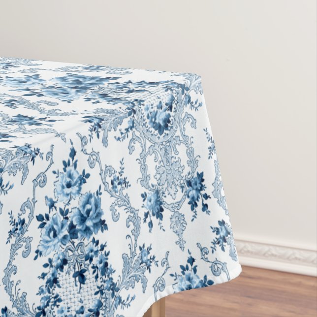 Toalha De Mesa Floral do Rococo Francês Branco e Azul (Posição Original)