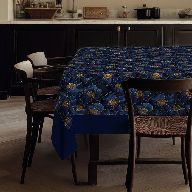 Toalha de Mesa Floral Dourada Marinho com Decoraçã (Navy Gold Floral Tablecloth Elegant Monogram Accent)