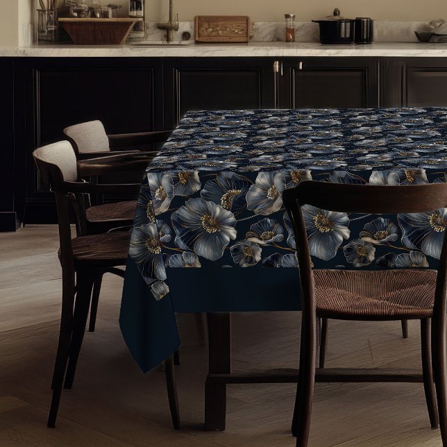 Toalha de Mesa Floral Dourada Marinho Presente Ele (Navy Gold Floral Tablecloth Elegant Monogram Gift)