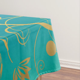 Toalha De Mesa Floral Dourado em Fundo Gradiente Verde e Azul