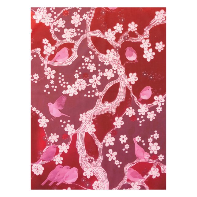 Toalha De Mesa Flores Blossomas de Cereja de Pássaros Blush Rosa (Frente)