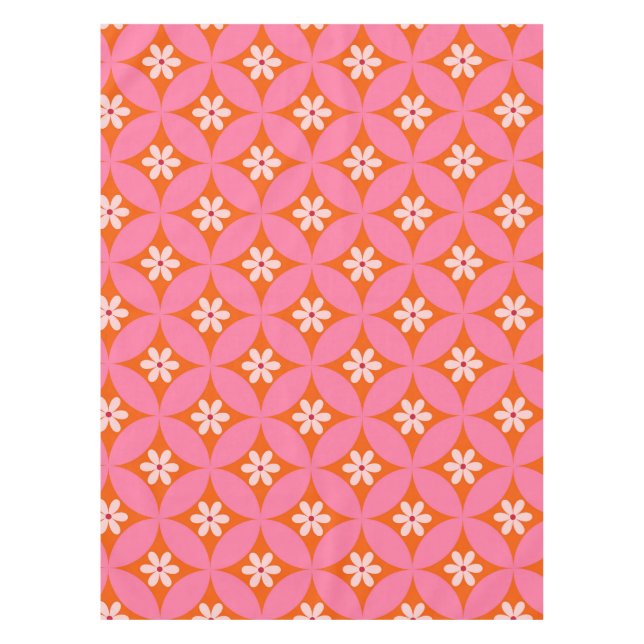 Toalha De Mesa Flores Brancas em Padrão de Círculos Rosa de Meado (Frente)