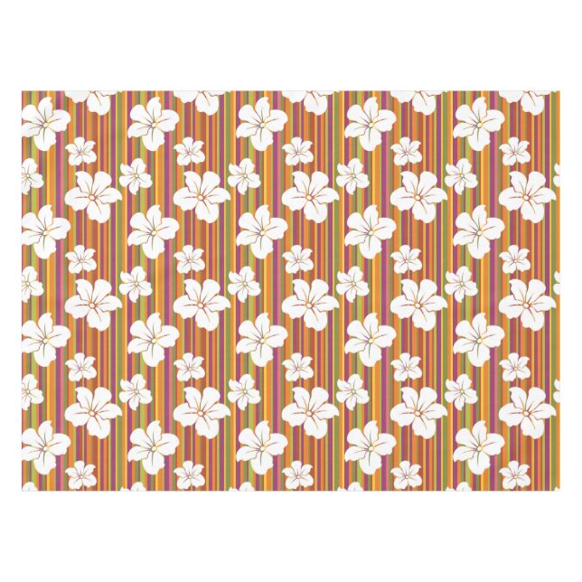 Toalha De Mesa Flores brancas em um fundo listrado (Frente (Horizontal))