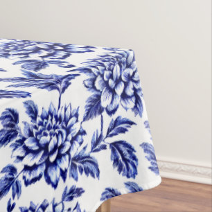 Toalha De Mesa Flores de Dália Azul e Branca Toile de Jouy