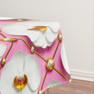 Toalha De Mesa Flores de Orquídea Branca em Fundo Rosa com Dourad