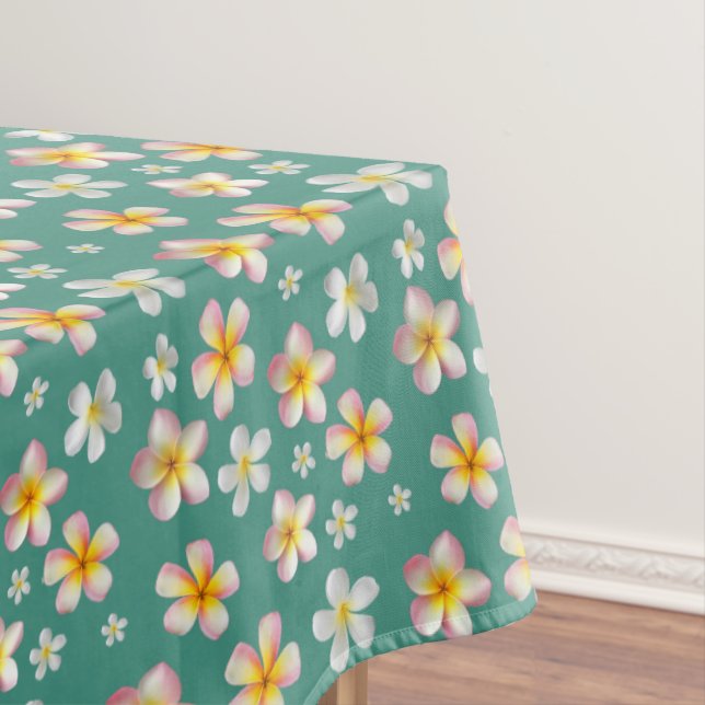 Toalha De Mesa Flores de Plumeria Rosa e Branco sobre Azul Turque (Posição Original)